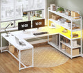 SEDETA L Shaped Computer Desk, 63' Reversible Office Desk or Corner Desk with Storage Shelves, White Gaming Desk with LED Lights, Power Outlet