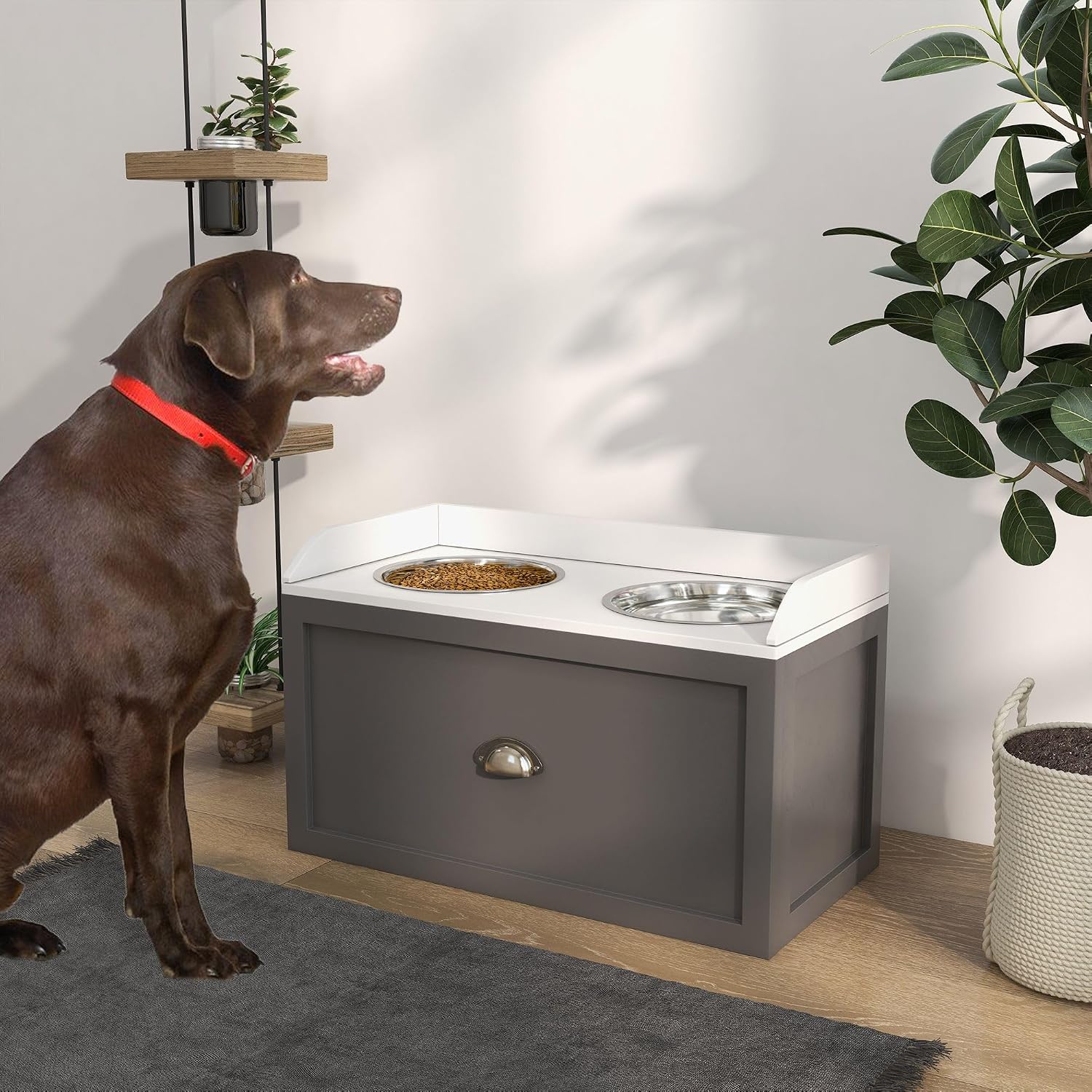Premium Heavy Duty Elevated Dog Bowl Station with 21 Liters Capacity 2 Stainless Steel Bowls Storage Compartment Anti-Slip Gray