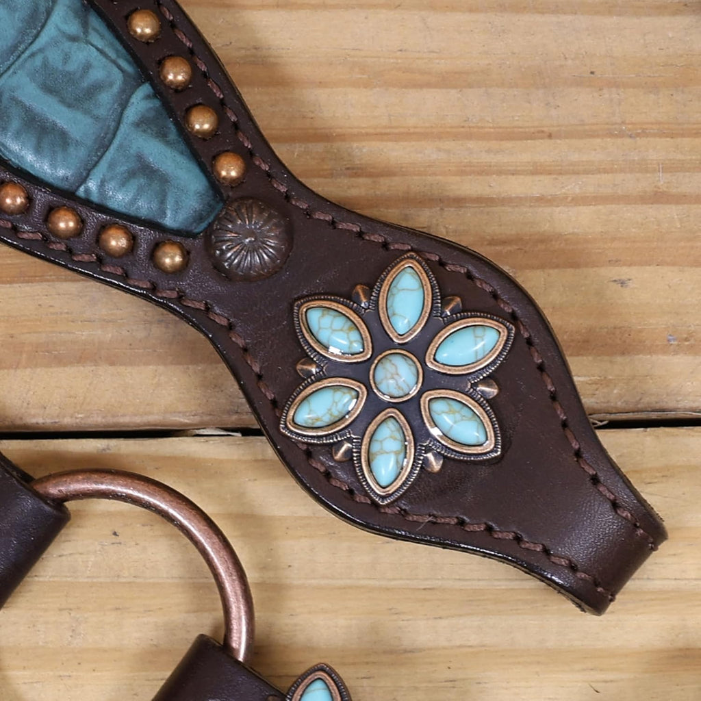 Western Leather Headstall and Breast Collar Tack Set – Turquoise Flower Conchos, Copper Ring & Alligator Inlay with Copper Studs – Genuine Argentina Cowhide