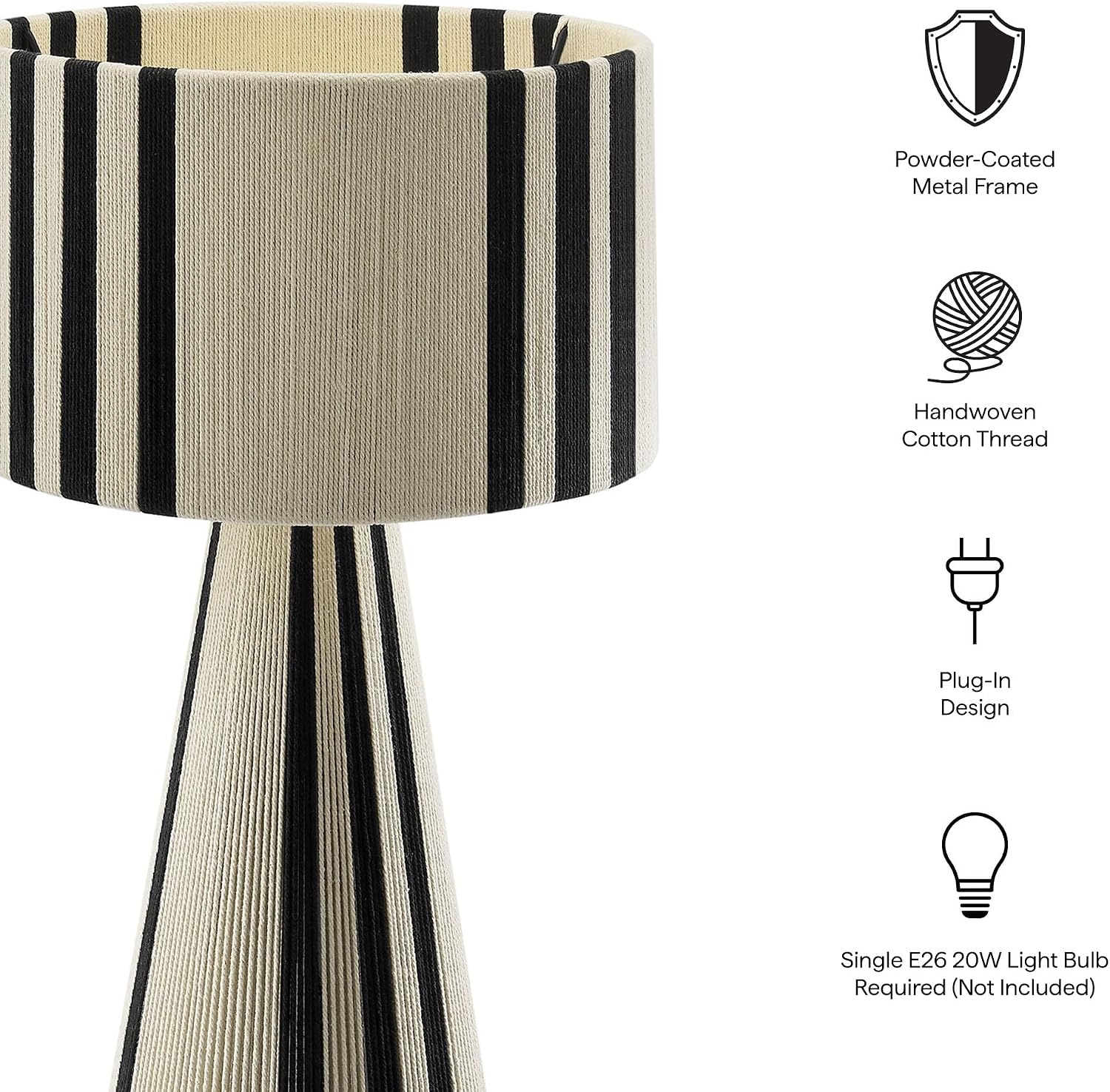 Modway Gia Vintage Modern Cotton Thread Table Lamp in Black - Unique Retro Boho Accent Lamp with Metal Base and Repeating Stripes Design