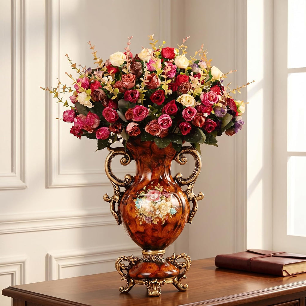 Artificial Flowers in Vase - Vintage Home Decor with Floral Arrangement, Luxury Indoor Table Centerpiece for Living Room, Wedding Party Decoration (European Wood Grain Style)