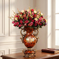 Artificial Flowers in Vase - Vintage Home Decor with Floral Arrangement, Luxury Indoor Table Centerpiece for Living Room, Wedding Party Decoration (European Wood Grain Style)
