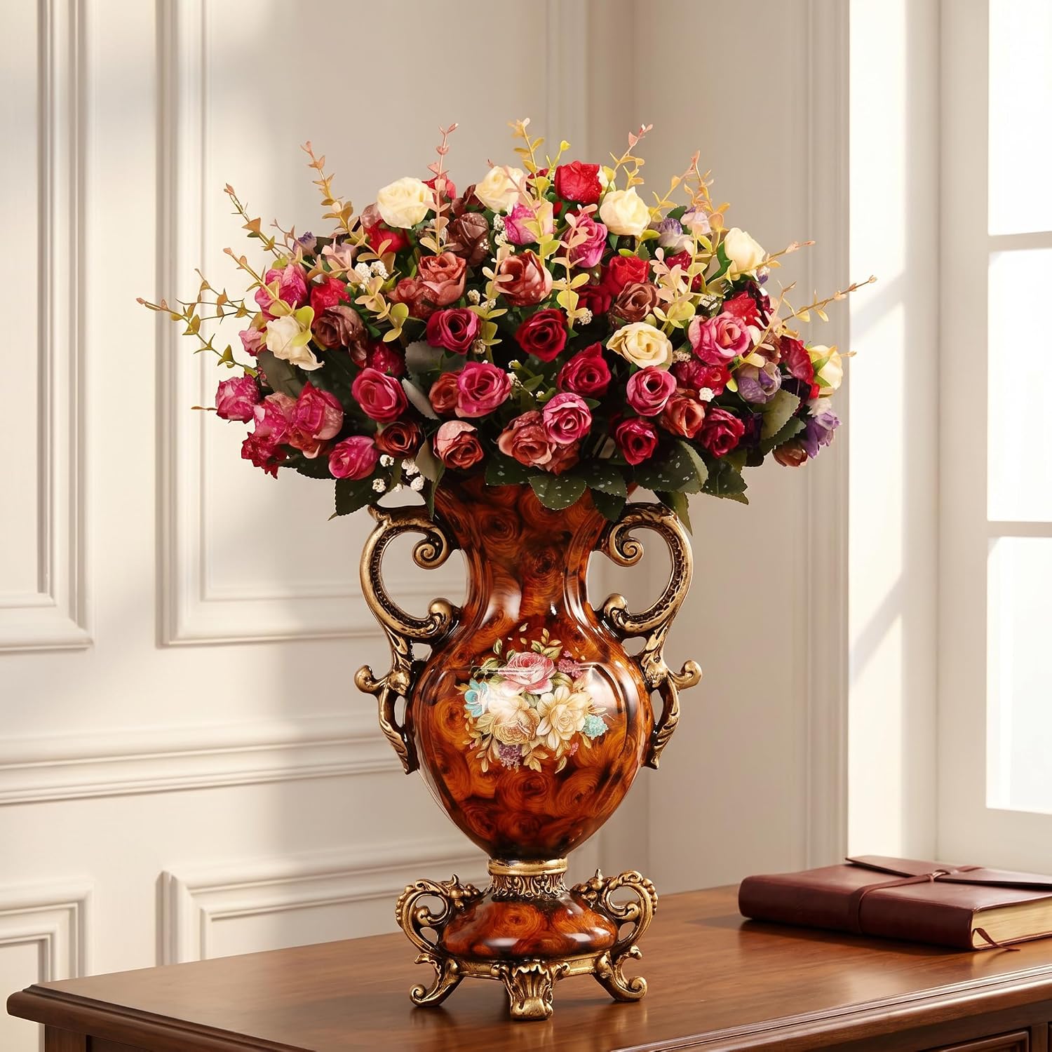 Artificial Flowers in Vase - Vintage Home Decor with Floral Arrangement, Luxury Indoor Table Centerpiece for Living Room, Wedding Party Decoration (European Wood Grain Style)