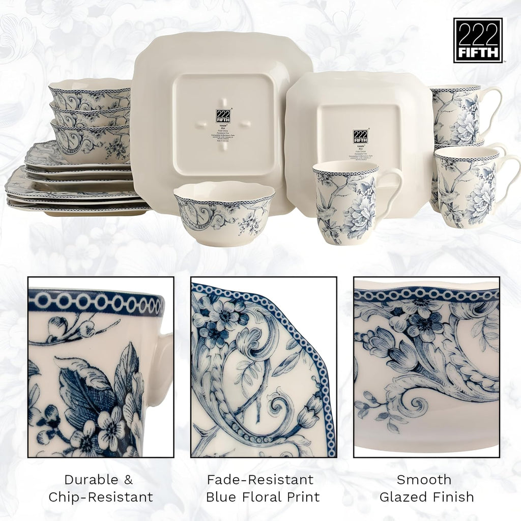 222 Fifth Adelaide Blue 16-Piece Floral Porcelain Dinnerware Set | Microwave and Dishwasher Safe Dining Set for 4 | Stackable and Chip-Resistant Plates Bowls and Cups | Gift for Housewarming & Wedding