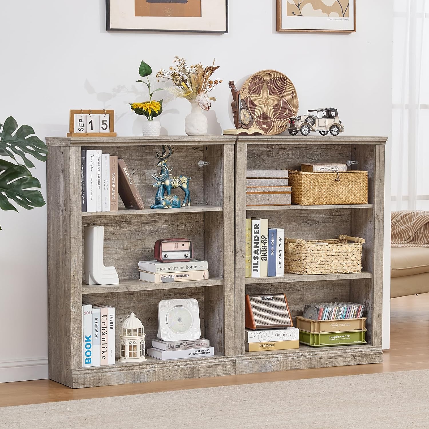 RWYHG 43' Grey Tall Bookshelf,3-Tier Thick Wooden Book Shelf with Adjustable Shelves,Free Standing Farmhouse Bookcase with Open Display Storage,Floor Vintage Bookshelves for Living Room,Office