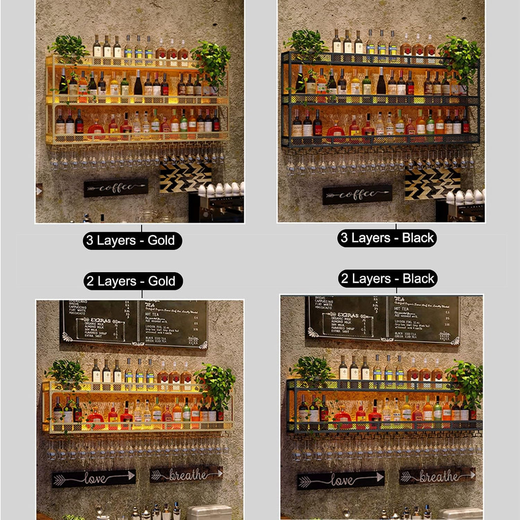 Metal Bar Shelves Wine Rack Wall Mounted with Hanging Wine Glass Holder Rack and LED Light for Liquor Bottle Display Shelf Racks Countertop Floating Bar Mini Bar Cabinet for Home Bar Cafe Kitchen ( Co