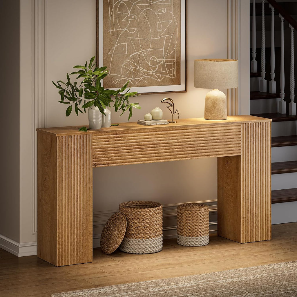 FABATO 61'' Fluted Long Console Table, Wooden Rectangular Sofa Table Behind The Couch, Narrow Entryway Table with 2 Hidden Storage Cabinets for Entrance, Hallway, Living Room, Foyer, Wood