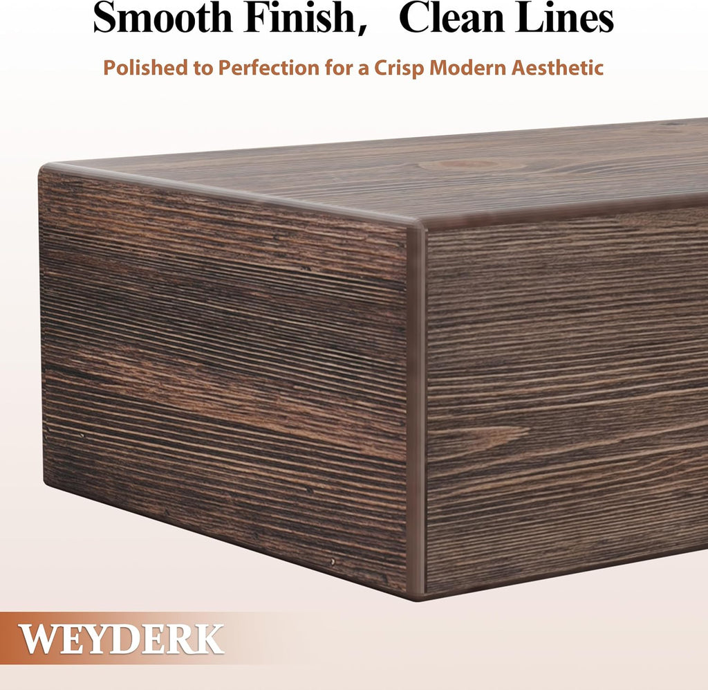 72 Inch Fireplace Mantel Shelf - 8' Deep Solid Wood Floating Mantel for Over Fireplace - 120LBS with Invisible Bracket - Handcrafted TV Decor for Livingroom & Bedroom - Charred Rustic Brown