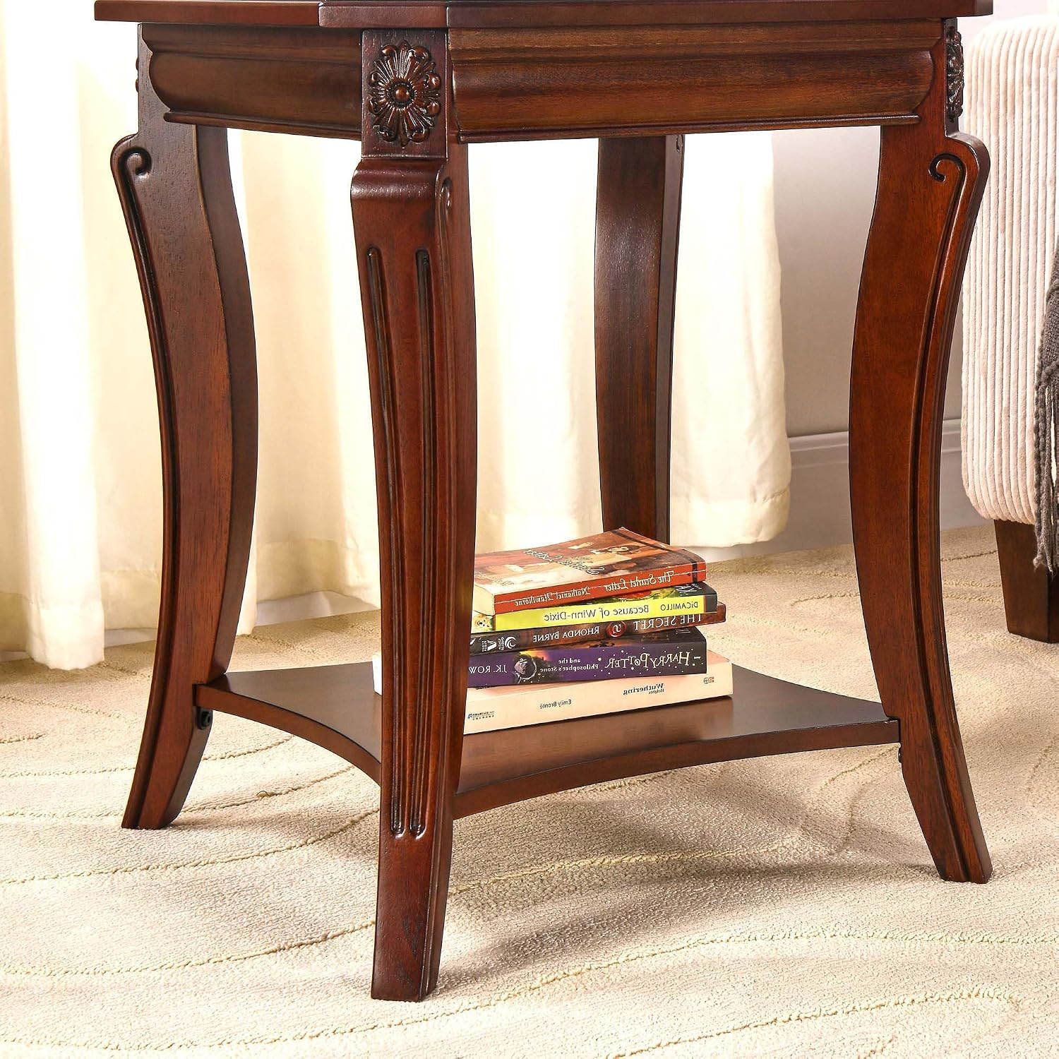Square End Side Table with Tempered Glass Top, Farmhouse BesideTable with Storage Shelf, Living Room Table with Solid Wood Carved Legs, American Home Table,Easy Assembly,Cherry Brown CJZ-A1168-GT