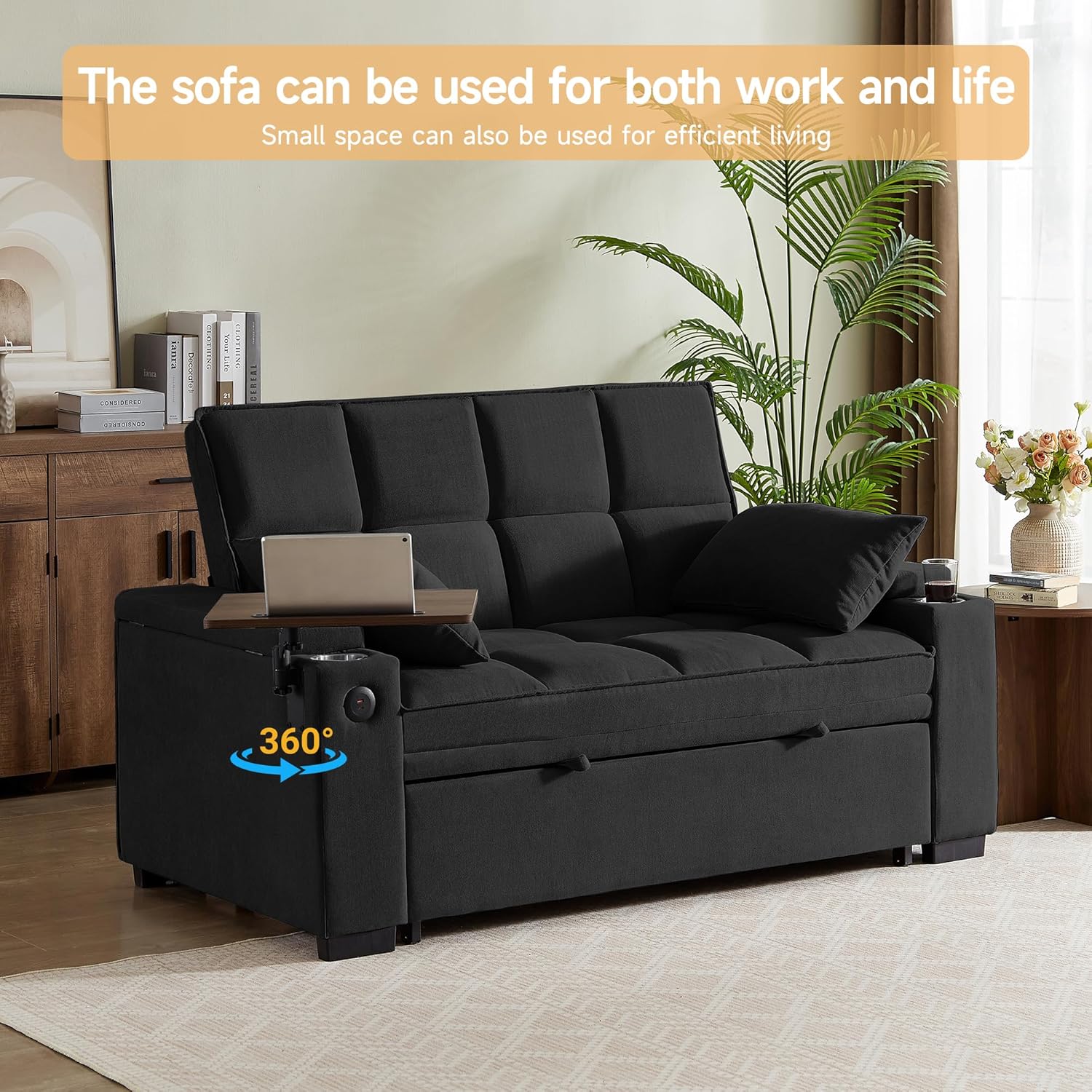 Auvsoce 65'' Chaise Lounge Chair Indoor, 3-in-1 Convertible Sofa Bed with Pull Out Design, 360° Swivel Side Table, Modern Chenille Couch Bed for Living Room