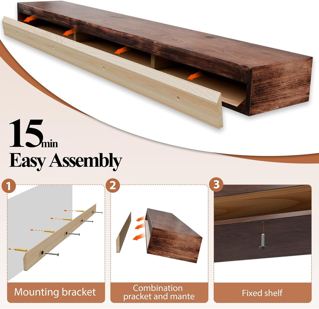 60 Inch Fireplace Mantel Shelf - 8' Deep Solid Wood Floating Mantel for Over Fireplace - 90LBS with Invisible Bracket - Handcrafted TV Decor for Livingroom & Bedroom - Rustic Walnut