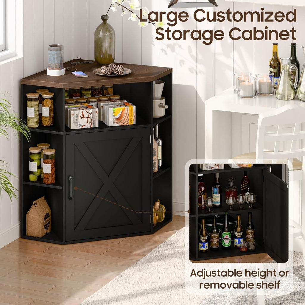 Halitaa Corner Storage Cabinet, Farmhouse Corner Bookshelf with Storage 6-Cubby Wooden Cabinet with USB Ports and Outlets Industrial Organizer for Small Space, Study, Playroom, Black and Brown