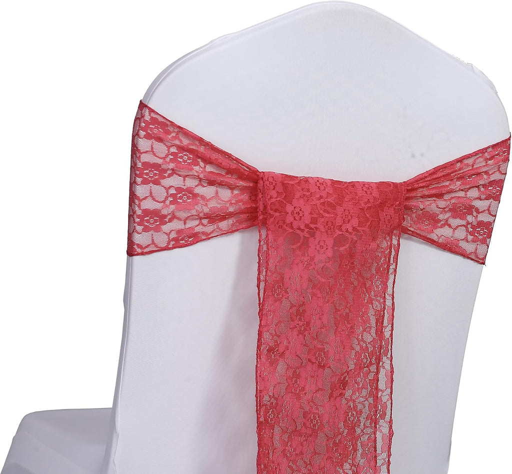MDS® Pack of 200 Lace Chair Sashes for Weddings, Decorative Floral Lace Chair Bows Bands for Banquet, Reception, Anniversary, Bridal Shower, Birthday, Party, Ceremony & Event Décor - Coral