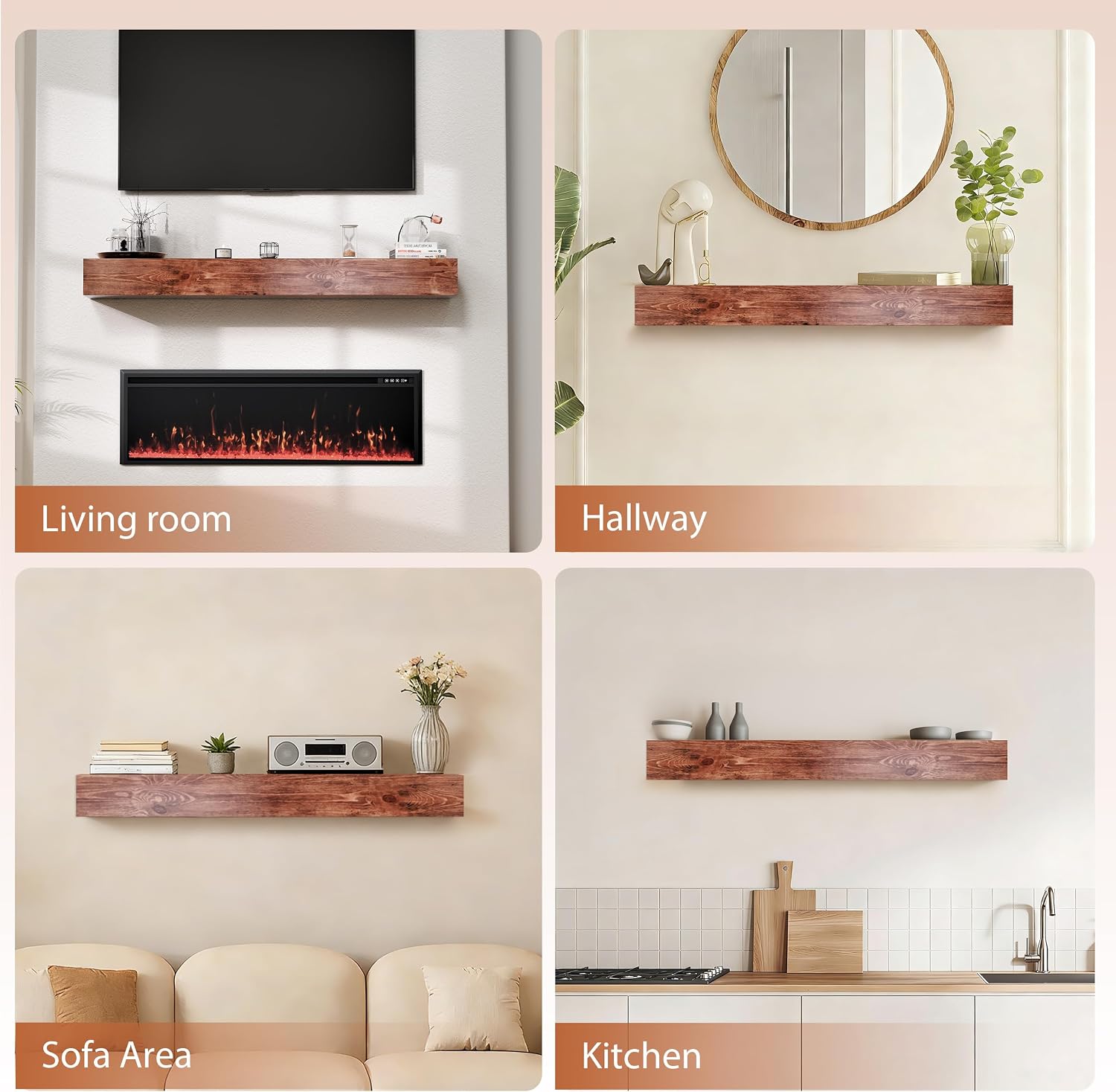 60 Inch Fireplace Mantel Shelf - 8' Deep Solid Wood Floating Mantel for Over Fireplace - 90LBS with Invisible Bracket - Handcrafted TV Decor for Livingroom & Bedroom - Rustic Walnut
