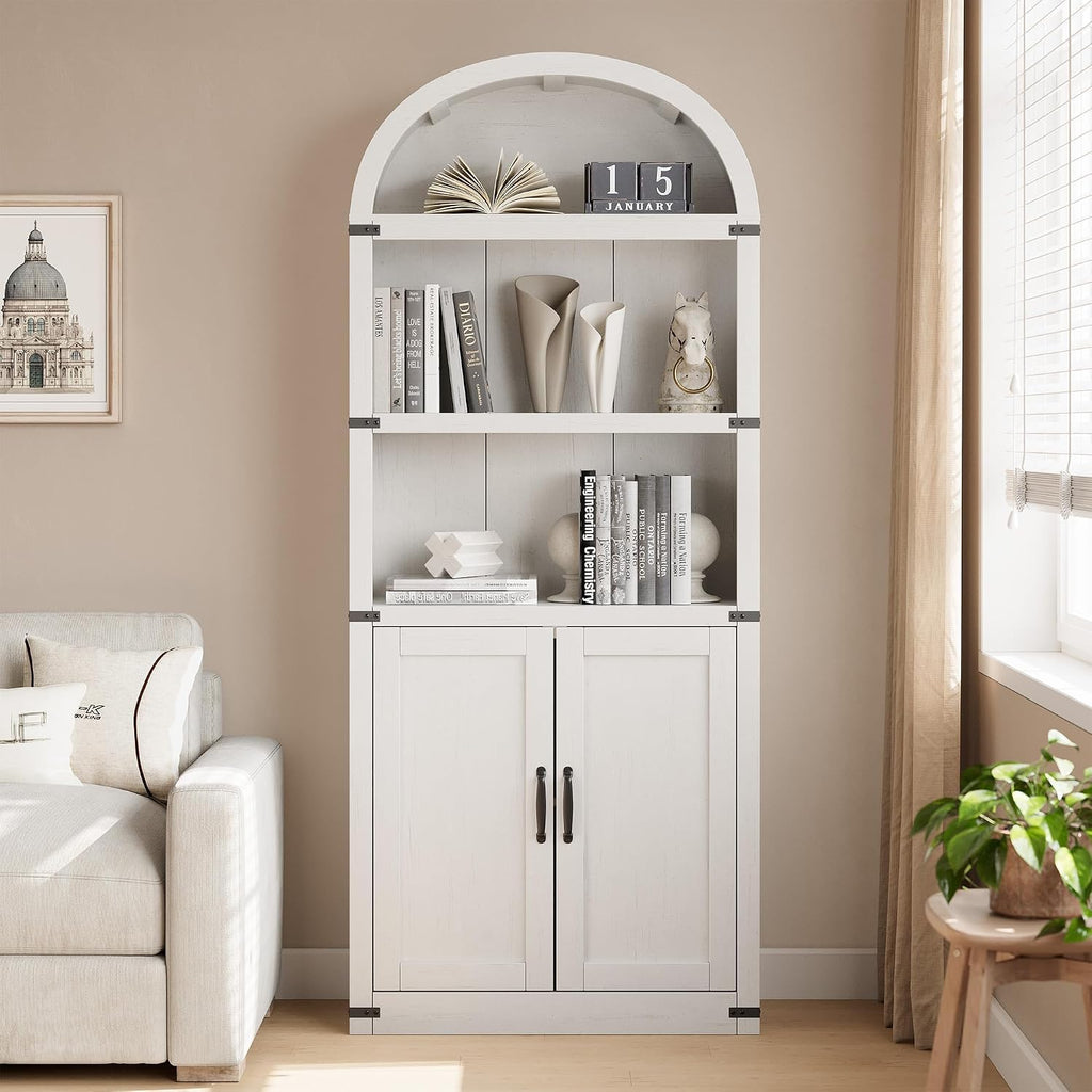 GarveeHome Bookcase with Doors Arched Bookshelf 71.65 in Tall Bookcase Farmhouse Cabinet with Shelves Wooden Bookshelves for Home Office, Living Room