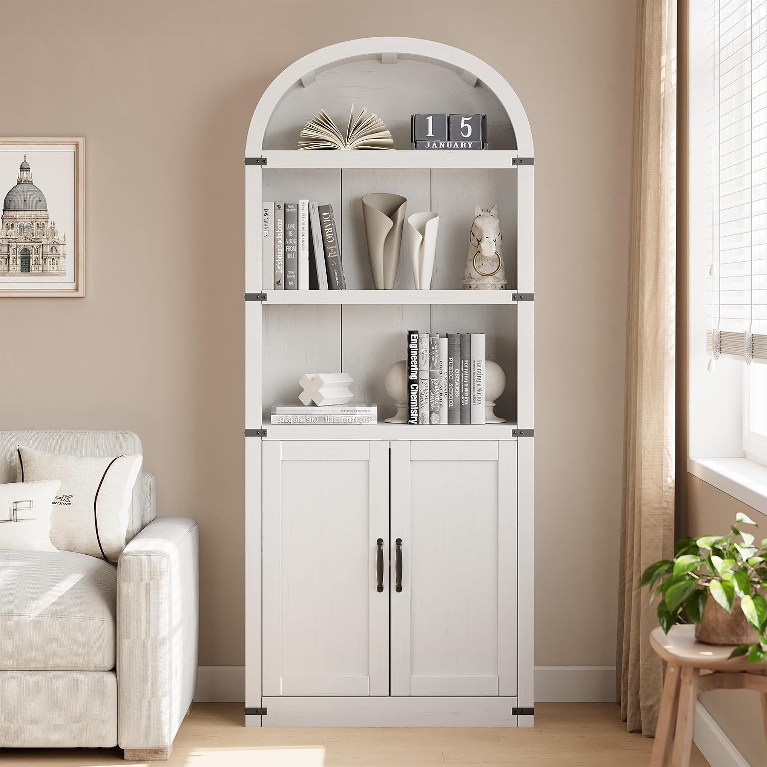 GarveeHome Bookcase with Doors Arched Bookshelf 71.65 in Tall Bookcase Farmhouse Cabinet with Shelves Wooden Bookshelves for Home Office, Living Room