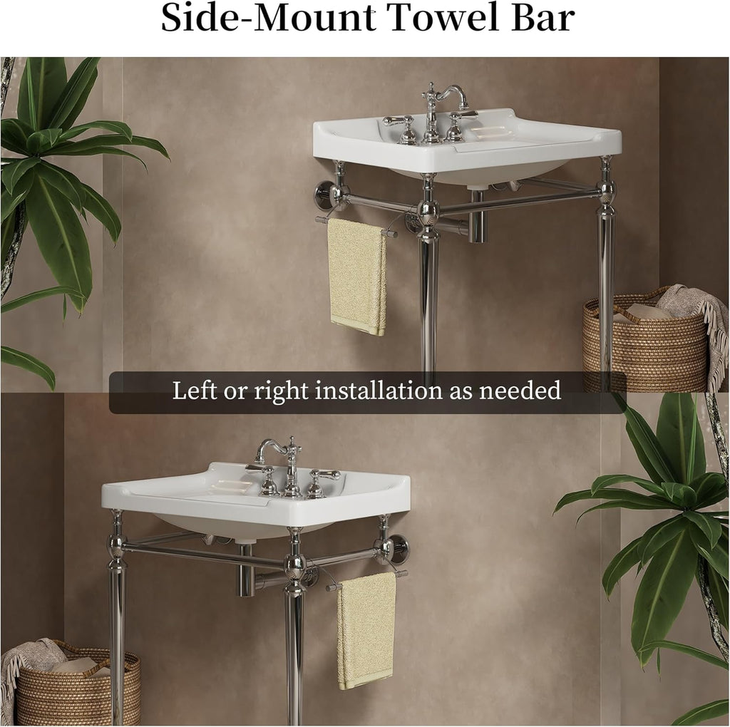 Yayzy 28' Console Bathroom Vanity with White Ceramic Sink, Silver Stainless Steel Legs & Towel Bar, 3 Faucet Holes, No Faucet, Wall-Mounted Support