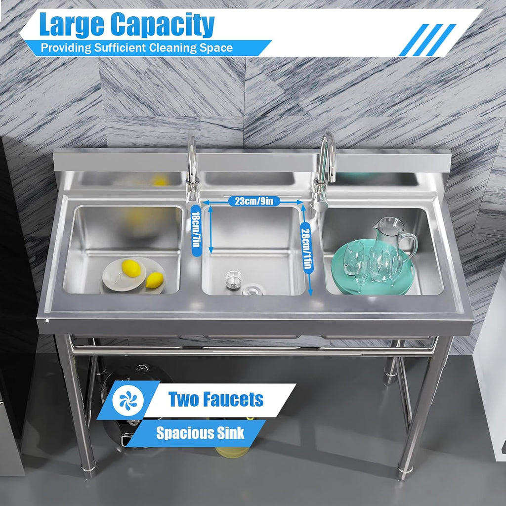 Kitchen Stainless Steel Utility Sink - Triple 3 * 7' x 11' x 9' Bowl - 3 Compartment Commercial Kitchen Sink w/Stable Leg Support - For Restaurant, Laundry, Garage & Backyard