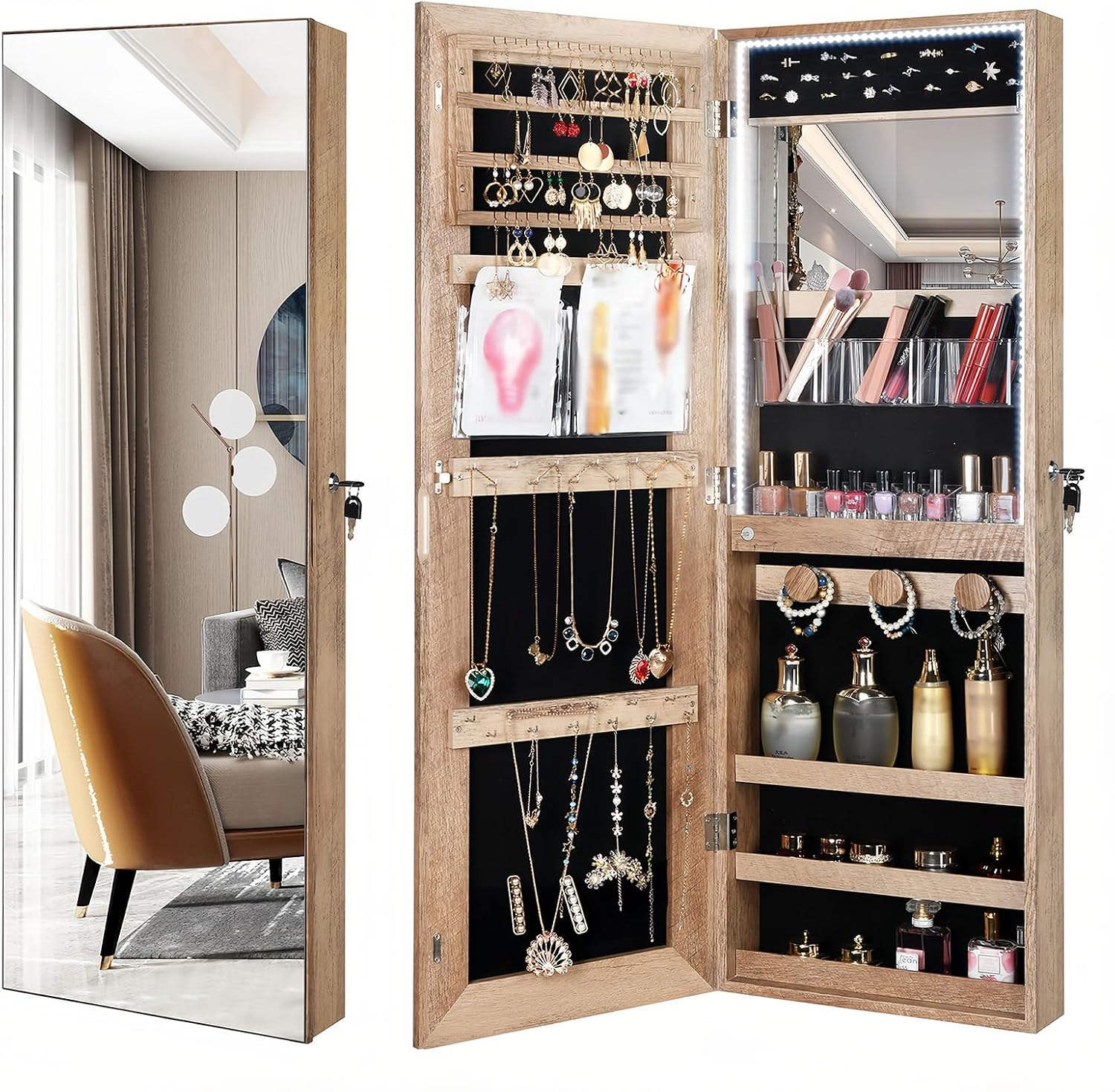 LED Lights Jewelry Cabinet, Door Hanging/Wall Mounted Jewelry Armoire, Lockable Cosmetics Organiser, Easy Assembly, Valentines Gifts