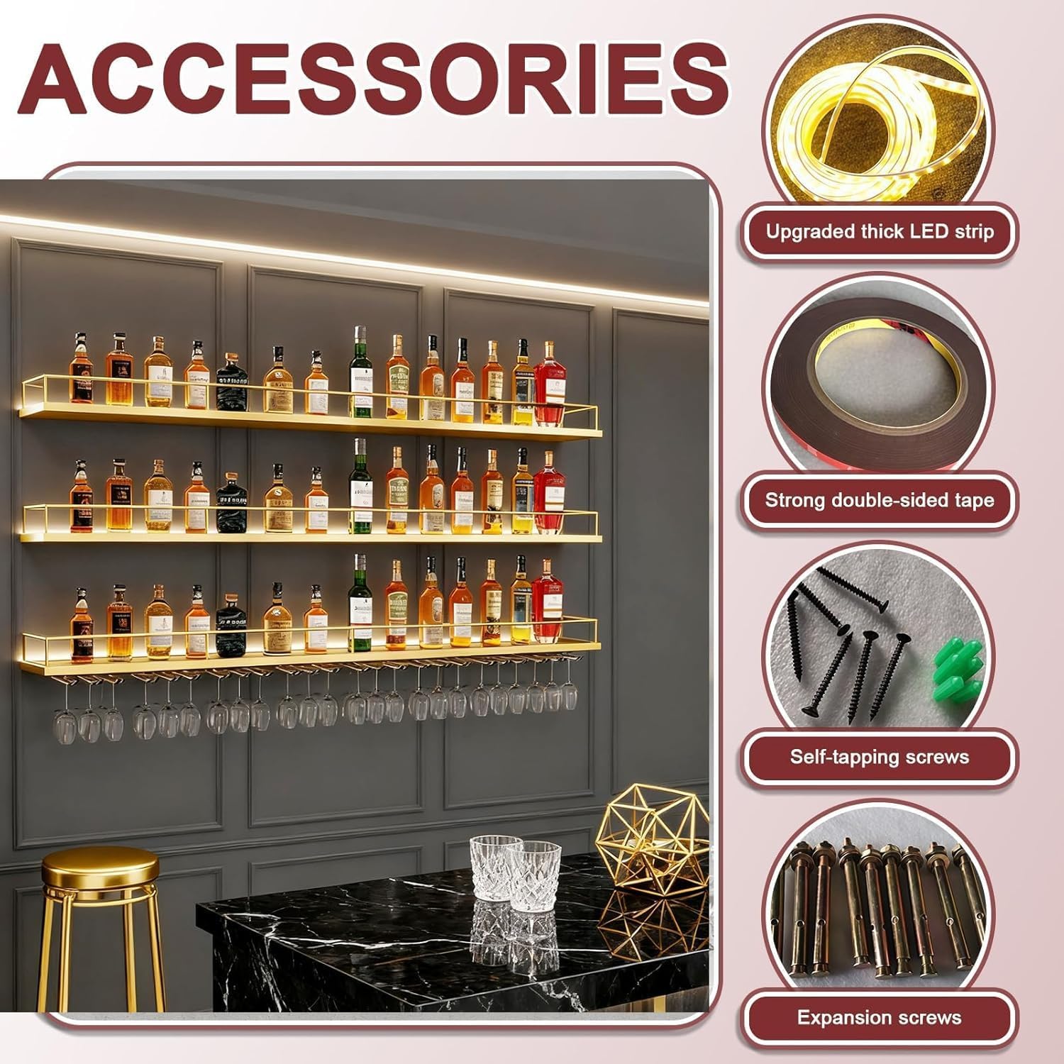 Wall-Mounted Metal Wine Rack with LED Lights 3-Tier Floating Bar Shelves with Wine Glass Rack Large Wine Bottle Display Rack Hanging Shelf, for Home Bar Dining Room Decorative (gold, 100cm/39.3in)