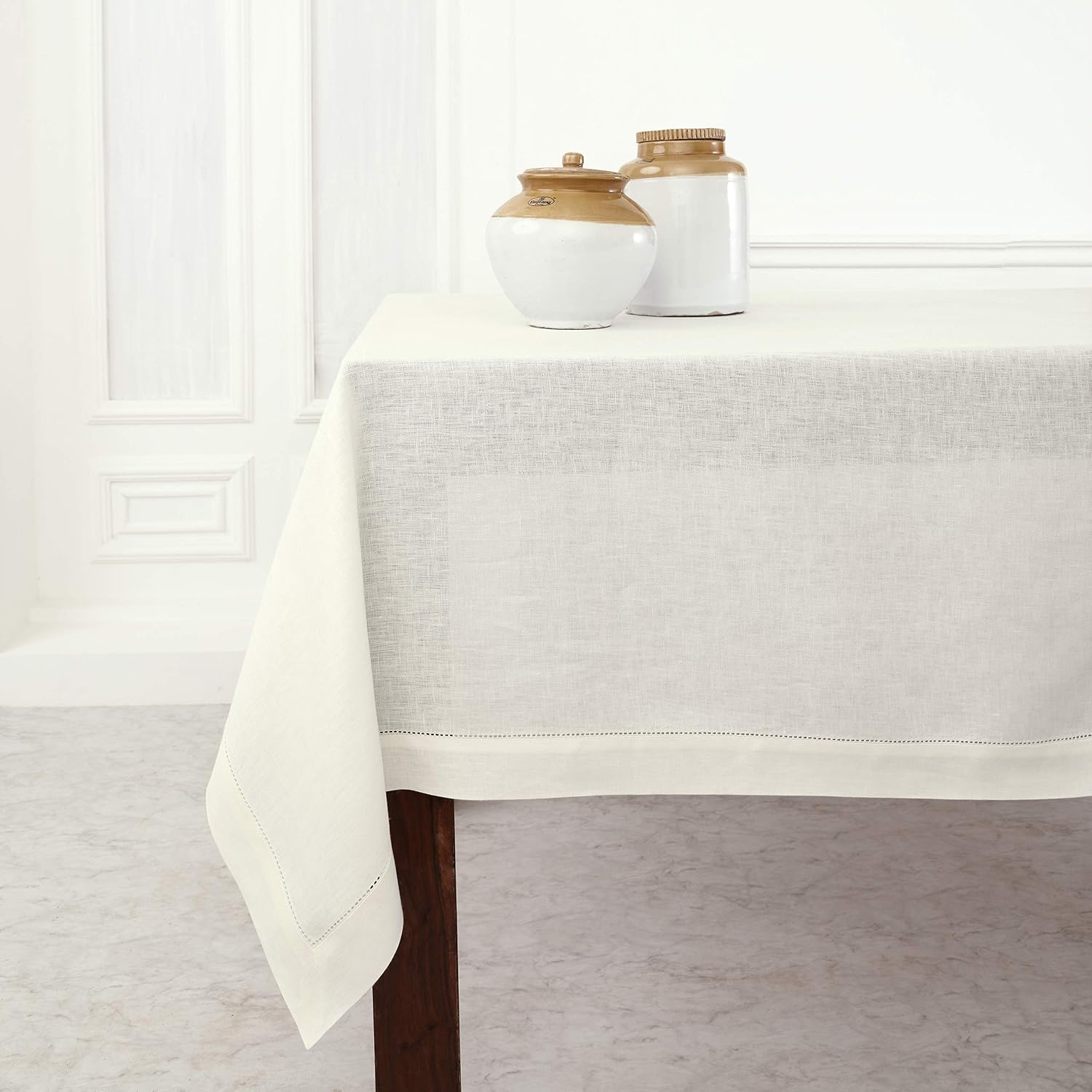 Solino Home Linen Tablecloth 60 x 120 Inch - Classic Hemstitch 100% Pure Linen Ivory Table Cloth for Rectangle Tables - Machine Washable Tablecloth for Summer