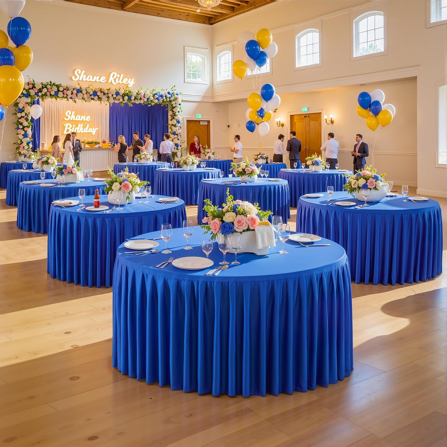 8 Pack Royal Blue Round Tablecloth 60 inch Stretch Spandex Fitted Table Cloth 5FT Round Banquet Tablecloths Wrinkle Free Table Cover Stitch Circle Tablecloth with Ruffle Skirt for Party Wedding