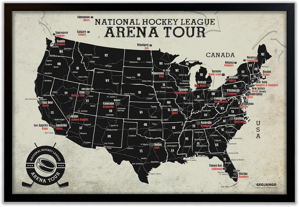 Framed Hockey Arena Map - Features All Professional Hockey Teams & Arenas - Track your Sports Travels - Includes 35 Red Push Pins