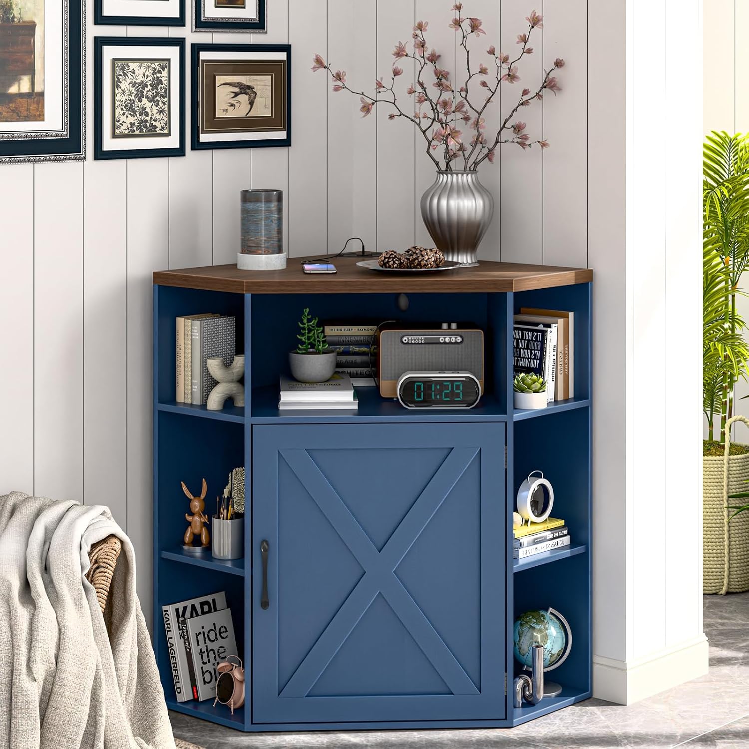 Halitaa Corner Storage Cabinet, Farmhouse Corner Bookshelf with Storage 6-Cubby Wooden Cabinet with USB Ports and Outlets Industrial Organizer for Small Space, Study, Playroom, Blue and Brown