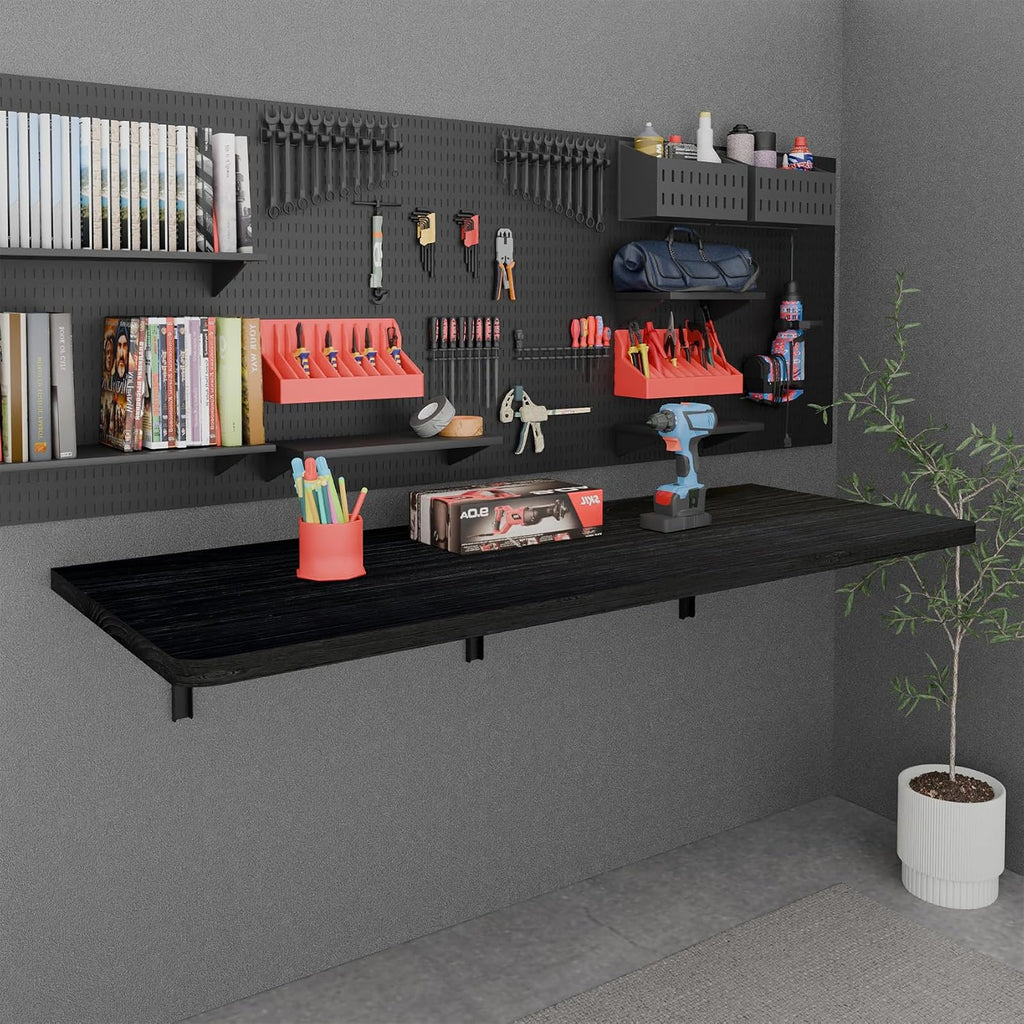 IAE Floating Wall Mounted Folding Table Desk with Pine Wood,55' x 22' Folding Workbench,Fold Down wall Mounted Foldable Table with Shelf Brackets,Laundry Folding Table for Apartment,Home,Kitchen,Black