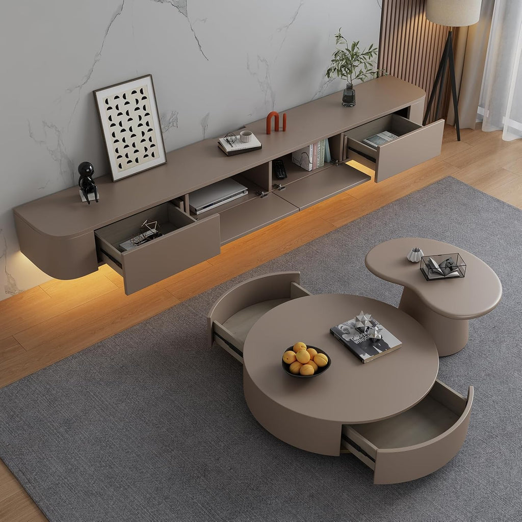 Floating TV Stand - Wall Mounted Media Console with 2 Drawer, Floating Entertainment Center TV Cabinet, Wall Mounted Audio/Video Shelf for Home Room (Khaki+LED, 62.99x7.87x9.45IN)