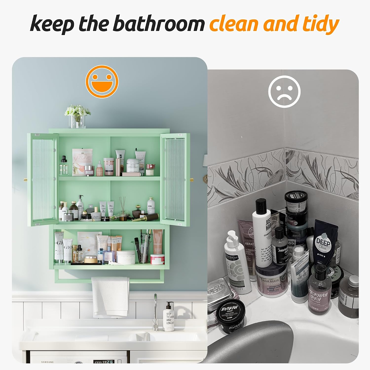 Bathroom Wall Cabinet with 2 Glass Door, Bathroom Medicine Cabinet with Towels Bar and Shelves, Over The Toilet Storage Cabinet, Metal Wall Mounted Cabinet for Laundry Room Kitchen (Green)
