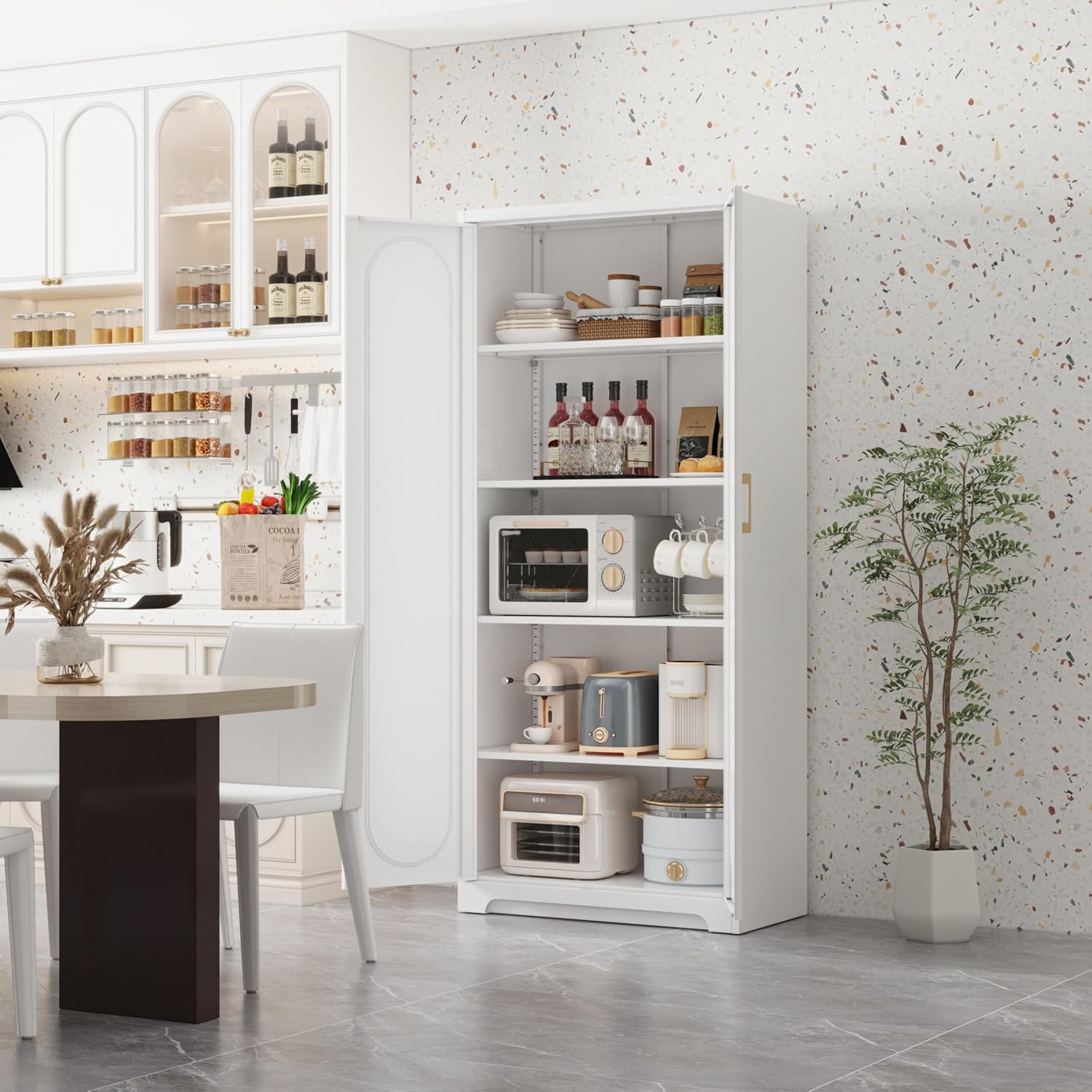 Metal Storage Cabinet with 4 Adjustable Shelves, 71' Tall Kitchen Pantry Cabinet with Doors, White Pantry Cabinets, Utility Large Cupboard, Storage Cabinets for Kitchen, Living Room, Dining
