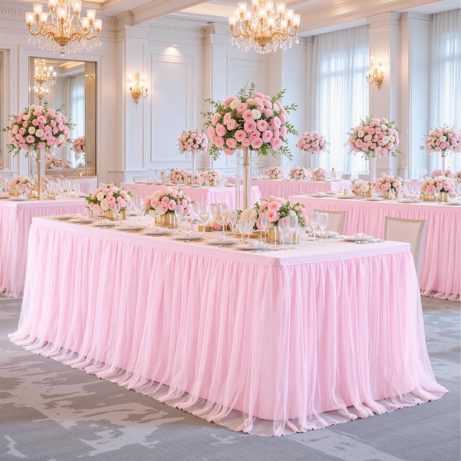 Suppromo 6 Pack 6ft Pink Tulle Tablecloths for Rectangle Tables 72 x 30 Inch Pink Rectangular Table Cloth, Wrinkle Free Table Cover with Tutu Skirt for Baby Shower Birthday Party Banquet Buffet Cake