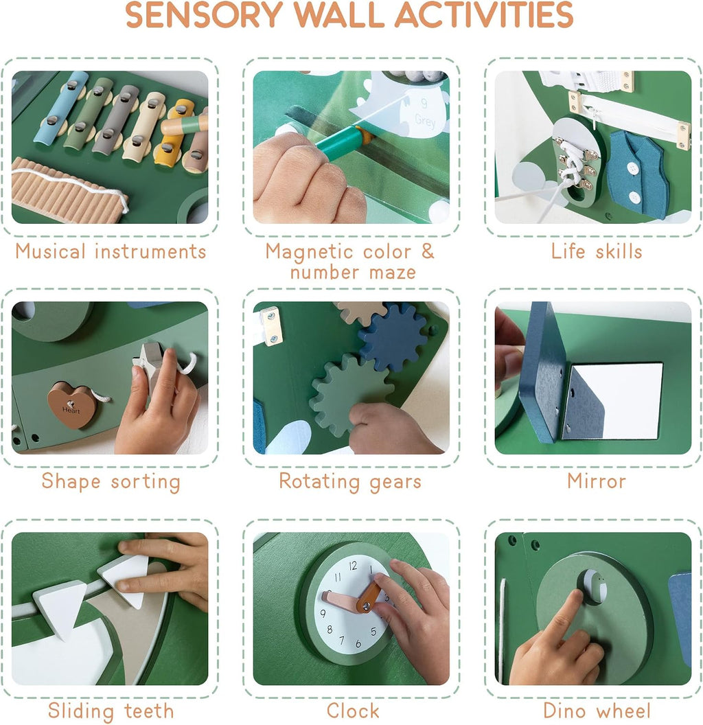 Dinosaur Activity Wall Busy Board - Wooden Sensory Wall Panel for Kids & Toddler Wall Activity - Interactive Montessori Wall Activity Board for Boys & Girls - Perfect for Playroom Daycare Waiting Room