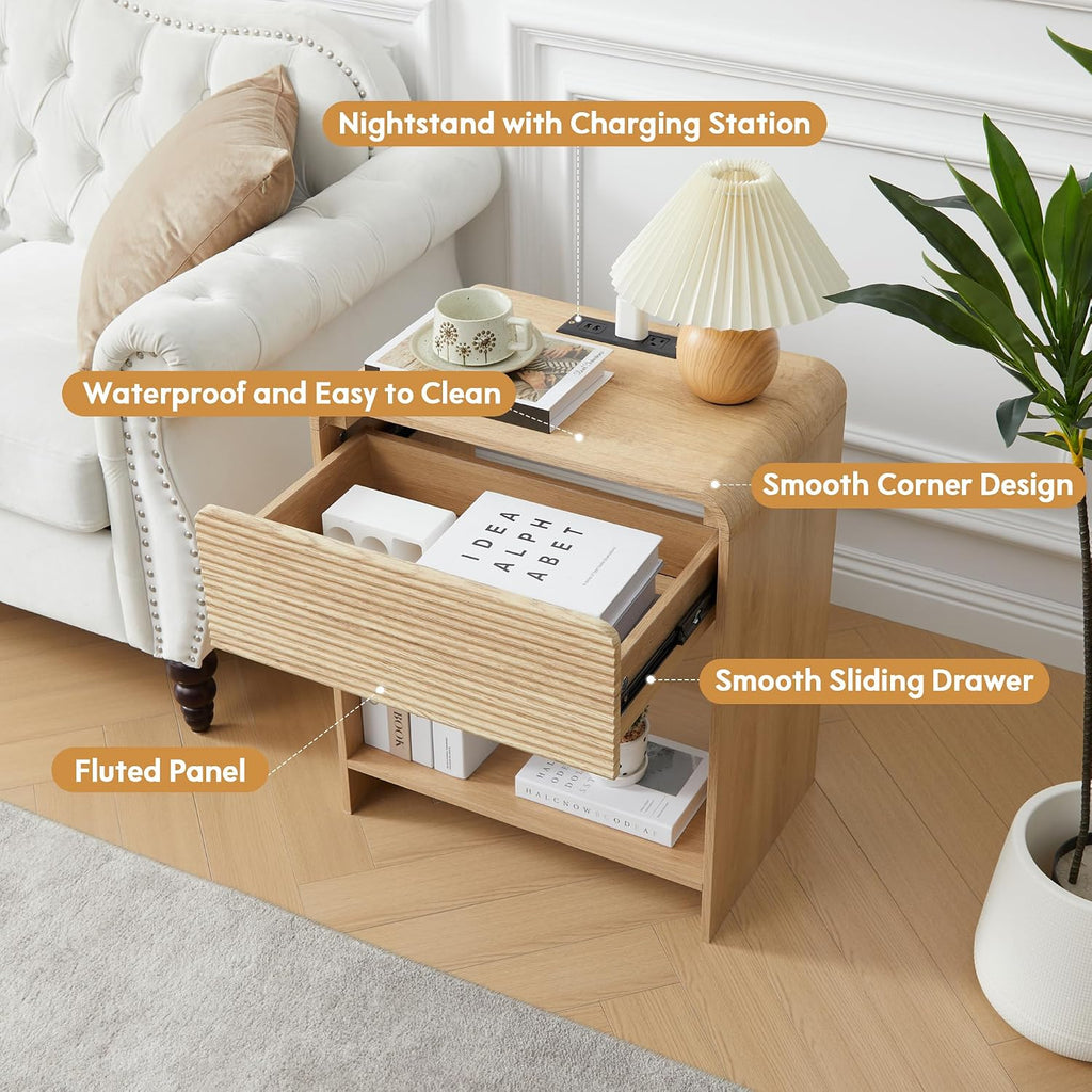 Set of 2 Fluted Side Table with Charging Station, Mid Century Modern End Table Nightstand with Drawer Storage, Large Wood Bedside Tables Night Stands for Small Space Bedroom Living Room Office,Natural
