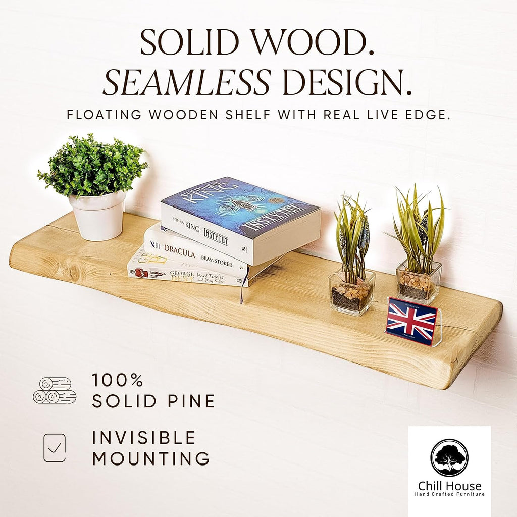 Waney/Live Edge Chunky Rustic Floating Shelf 9x2, Natural Oak, 28 inch