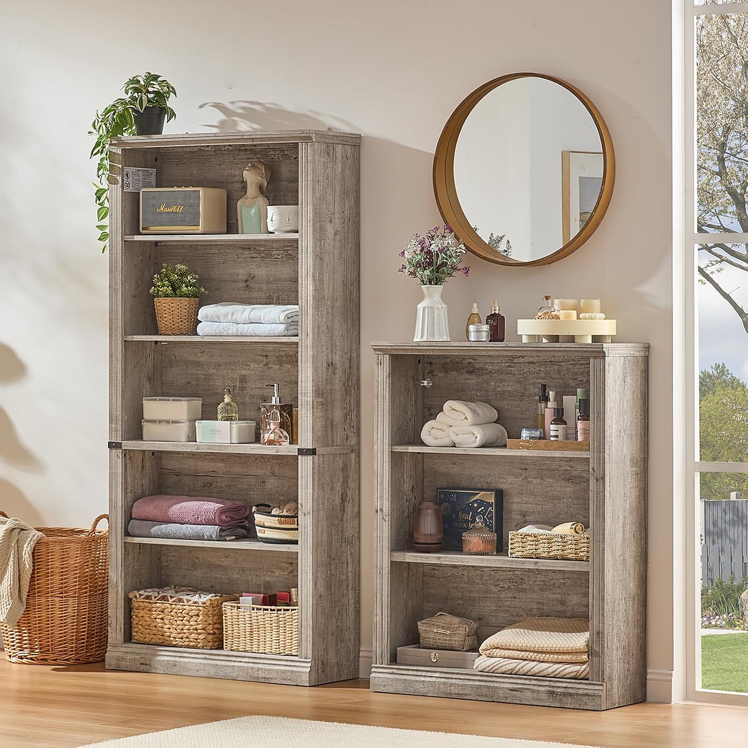 RWYHG 43' Grey Tall Bookshelf,3-Tier Thick Wooden Book Shelf with Adjustable Shelves,Free Standing Farmhouse Bookcase with Open Display Storage,Floor Vintage Bookshelves for Living Room,Office