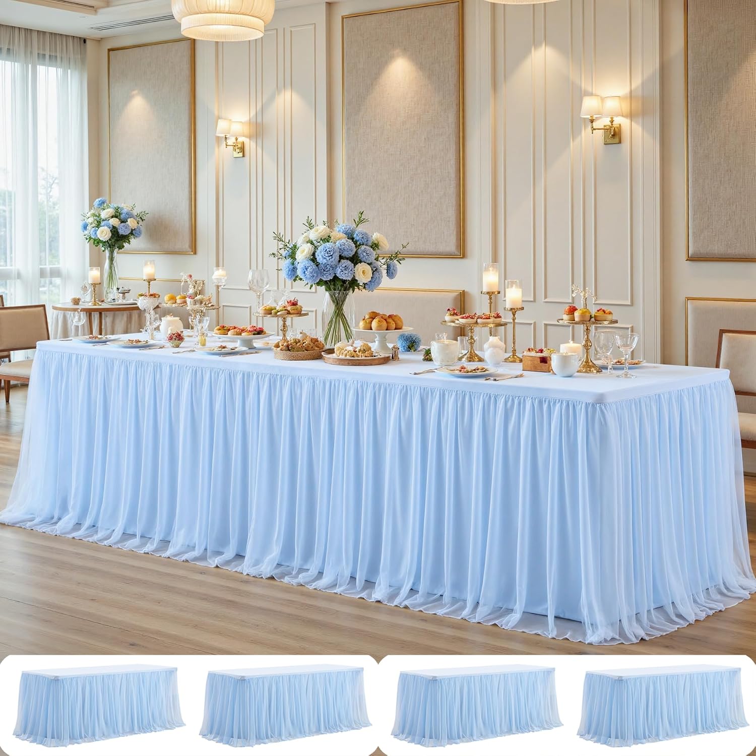 4 Pack Baby Blue Tulle Tablecloth Skirt for 8 Foot Rectangle Tables Baby Shower Tablecloths Blue Ruffle Tutu Table Skirt Stretch Fitted Table Covers for Wedding Birthday Party Banquet Reception