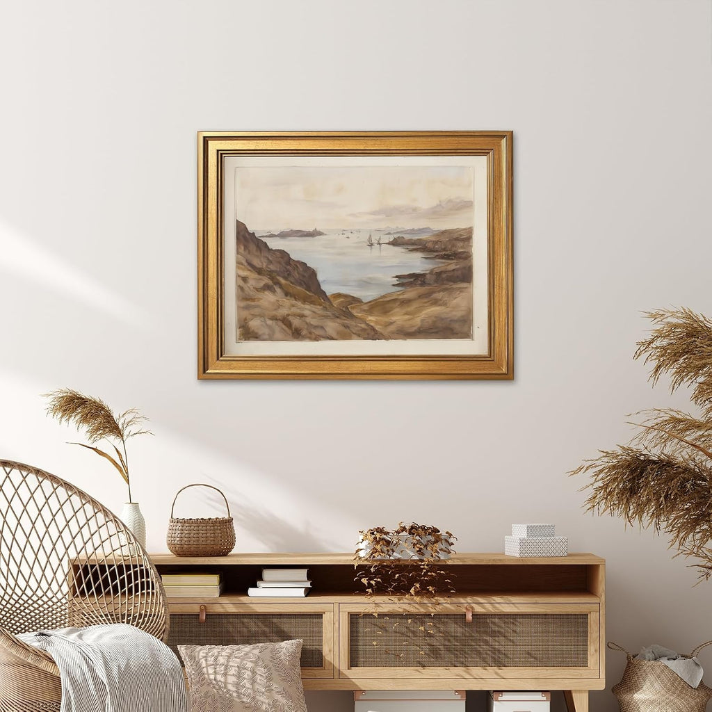 Large Framed Classic Ocean Shoreline Landscape Wall Art Canvas Print Tranquil Seaside with Rocks Waves Painting Picture Poster Coastal Artwork Wall Decor for Living Room Bedroom Beach House 24X36inch