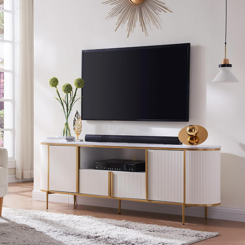 OKD 70' Fluted TV Stand with Storage, Faux Marble Top Entertainment Center for TVs Up to 80', Modern Curved Edge Media Console Cabinet for Living Room, Off White