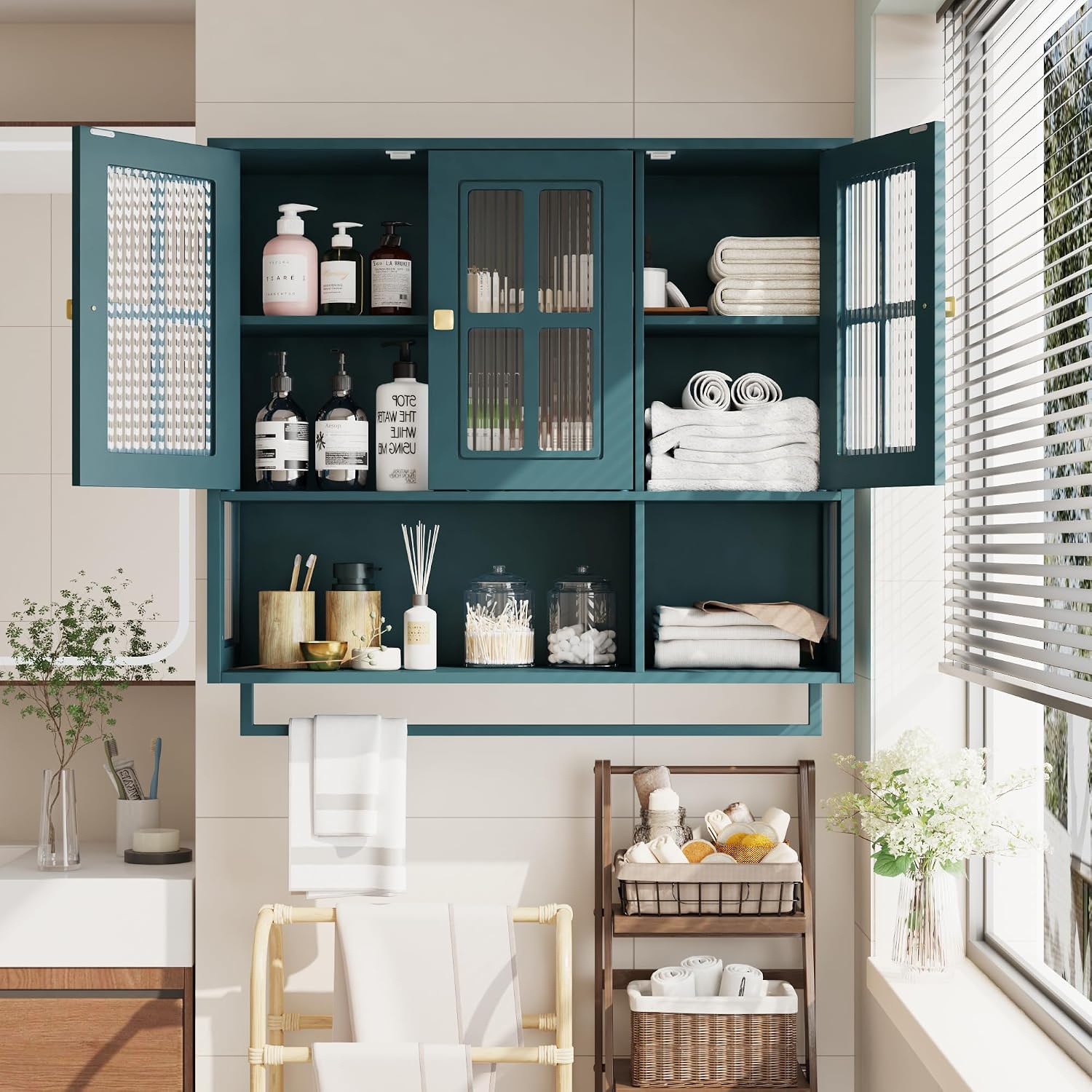 Polibi Wall Cabinet with Fluted Glass, Modern Wall-Mounted Storage with Towel Bar, Removable Shelves, Minimalist Design for Entryway Living Room Bathroom Dining Room, Easy Assembly, Dark Green