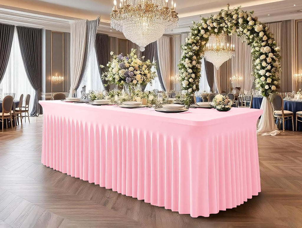 fani 6 Packs Pink Stretch Table Skirts for 8 Foot Rectangle Table, Washable Spandex Stretch Tablecloths with Skirt, Wrinkle Resistant Fitted Tablecover for Wedding Party Banquet
