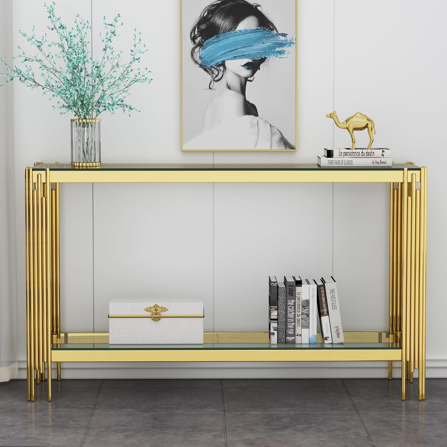 55' Glass Gold Console Table Luxury 2-Tier Sofa Table for Living Room, Rectangular Modern Entryway Hall Table with Clear Glass Top & Golden Stainless Steel Legs