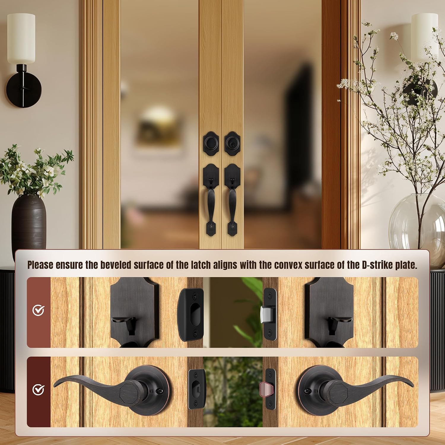 Double Front Door Handle Set with Dummy and Deadbolt, Entry Front Door Lock Set with Classic Half Grip Curved Door Handle for Exterior Doors or Office, Oil Rubbed Bronze