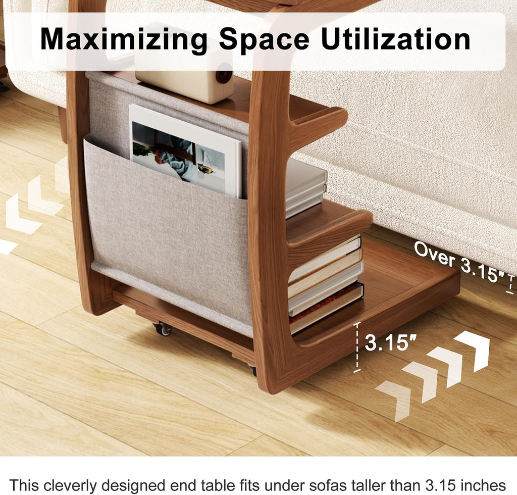 AQIMUELE Rolling Side Table, C Shaped End Table, C Table with 4 Wheels Solid Wood Small Rolling Desk with Adjustable Desktop,C Shaped End Table for Couch(15.6' D x 15.7' W x 24.3' H