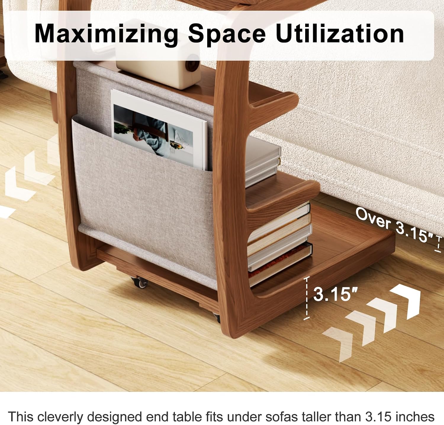 AQIMUELE Rolling Side Table, C Shaped End Table, C Table with 4 Wheels Solid Wood Small Rolling Desk with Adjustable Desktop,C Shaped End Table for Couch(15.6' D x 15.7' W x 24.3' H