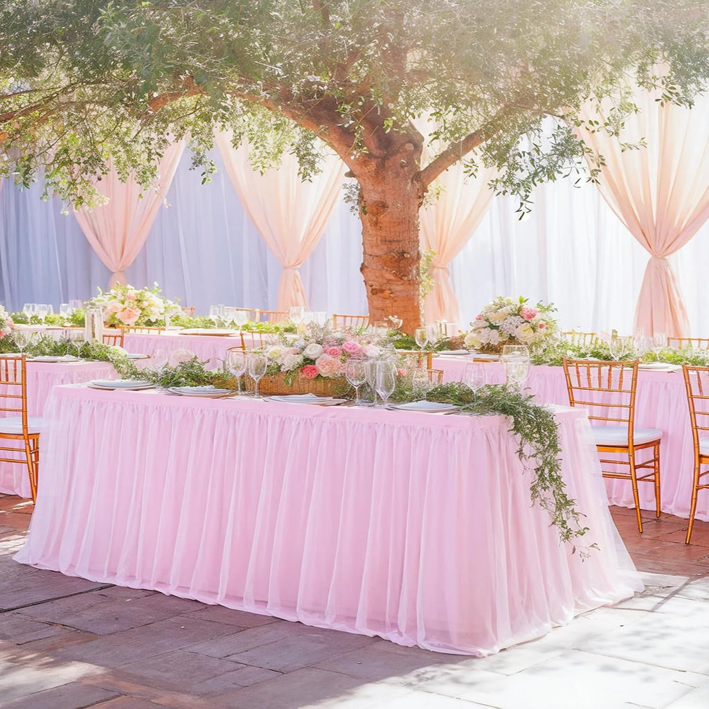 Suppromo 6 Pack 6ft Pink Tulle Tablecloths for Rectangle Tables 72 x 30 Inch Pink Rectangular Table Cloth, Wrinkle Free Table Cover with Tutu Skirt for Baby Shower Birthday Party Banquet Buffet Cake
