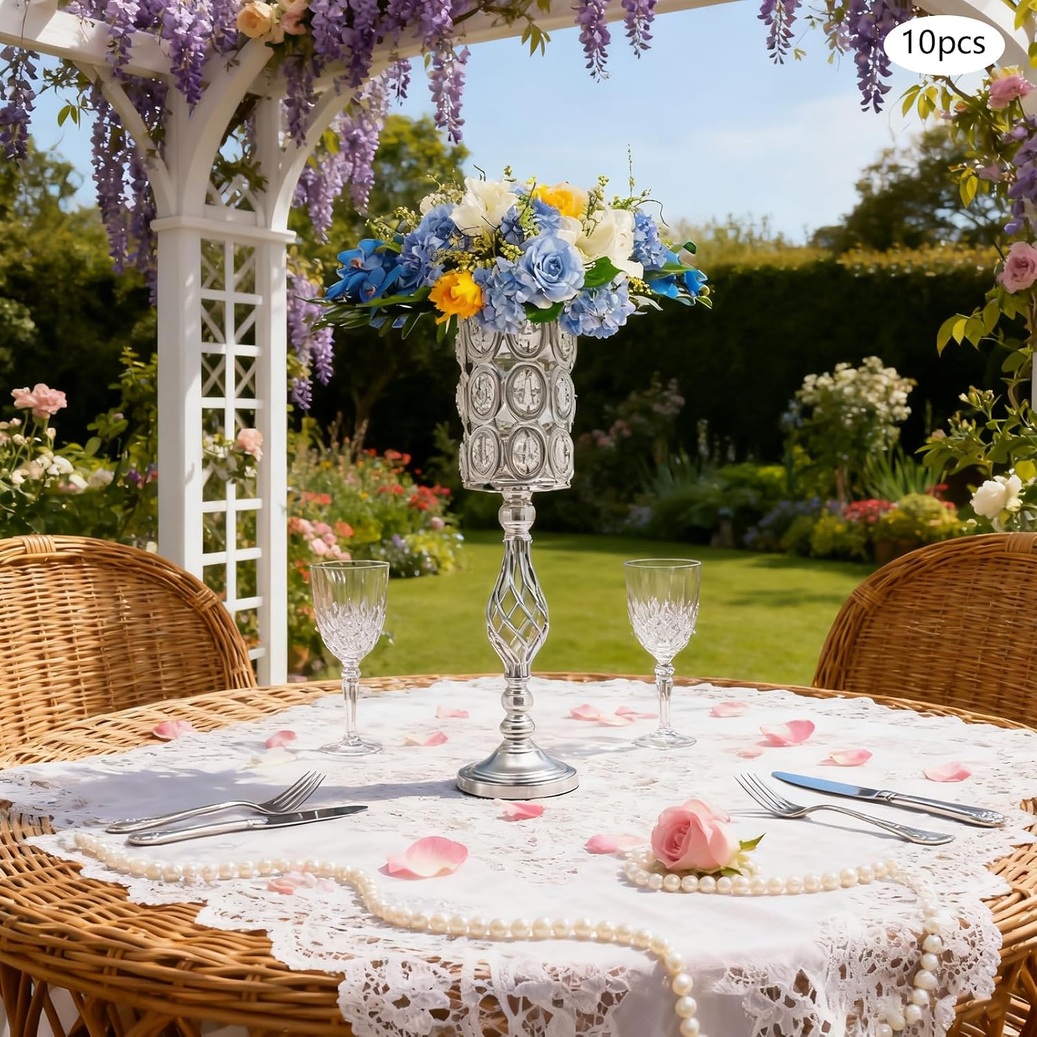 10PCS Wedding Flower Centerpieces for Tables, 61cm/24 Tall Crystal Wedding Decor Flower Stand Floral Display Rack Vases for Tables Wedding Dinner Party, Ceremony Birthday Event Decor (Silver)