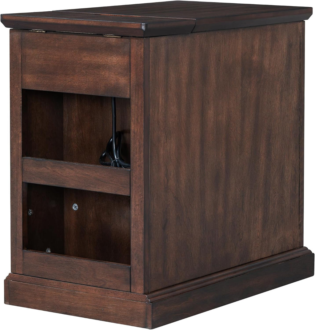 Multifunctional Classic Vintage End Table with USB Ports and 1 Drawer with Cup Holders, Sofa Side Narrow Table with Storage, Bedside Nightstand for Living Room Bedroom (Antique Espresso-4.3)