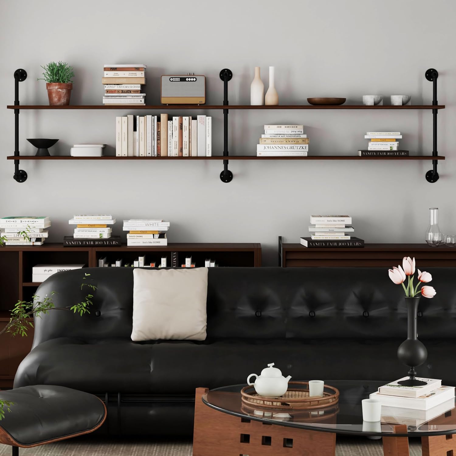 Industrial Pipe Wall Shelves Pipe Shelving with Real Wood Plank ,70 Inches Floating Shelves for Wall Farmhouse Pipe Book Shelves Dark Brown 2 Tier for Kitchen,Living Room Decor and Bar Shelving